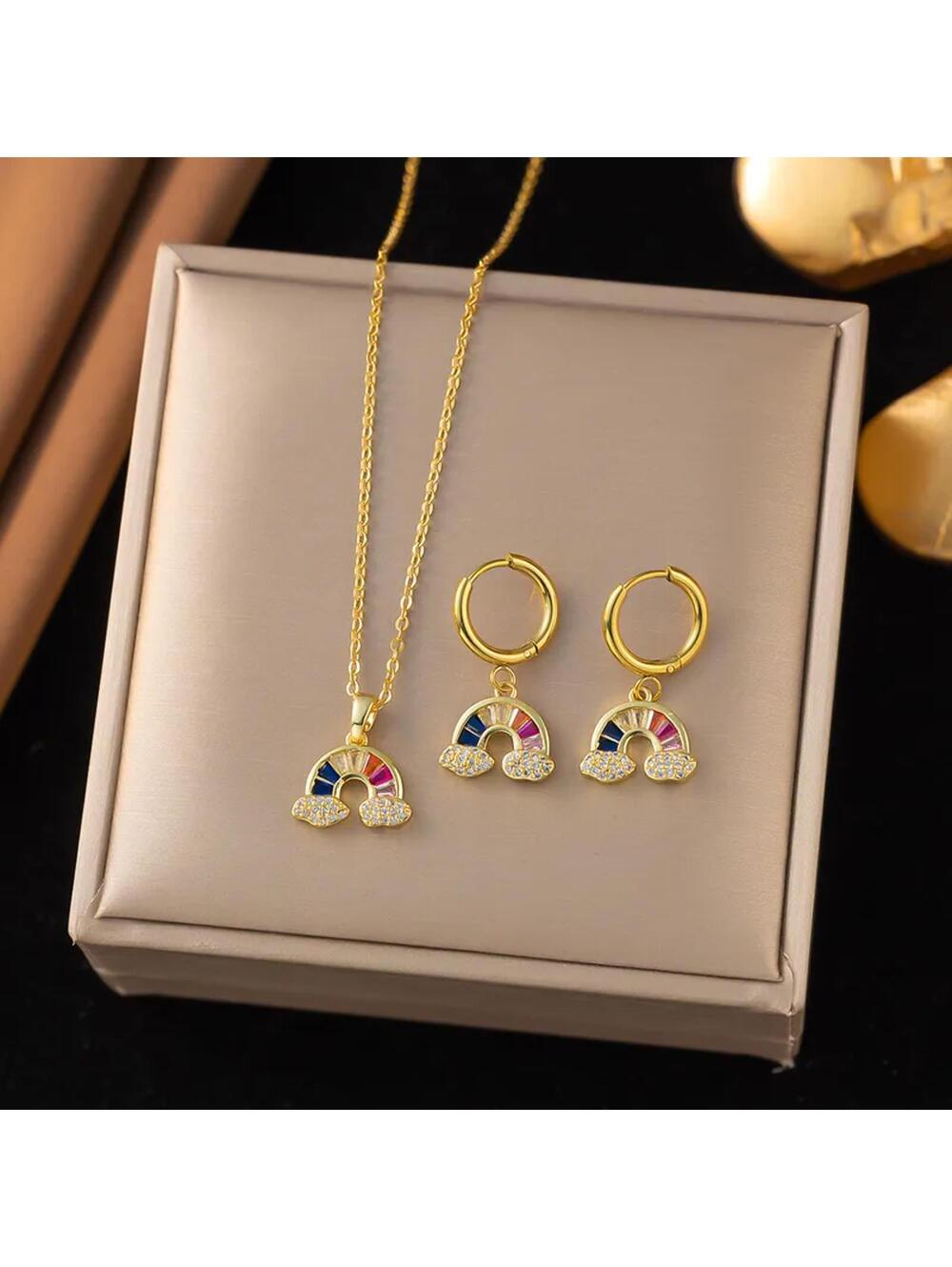 Rainbow cloud - Necklace/Earring set - Gold - CZs - 18"